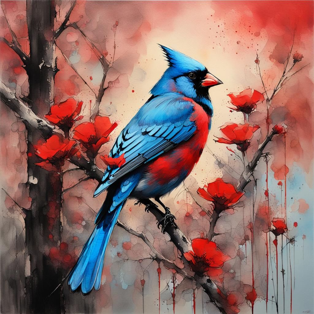 Vibrant Red Cardinal with Red Flowers, Oil Painting