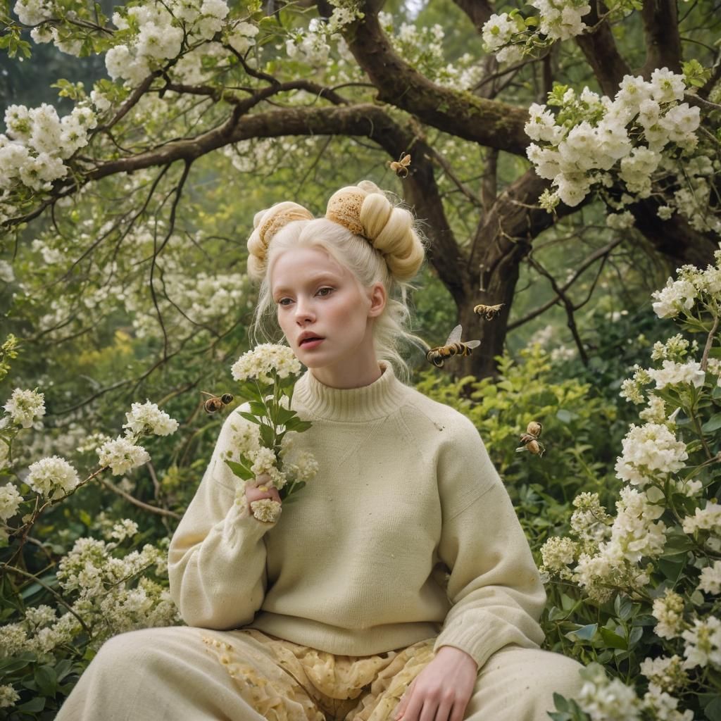 Albino Woman with Bees in Dark Fantasy Scene
