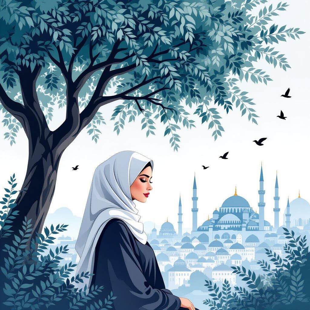 Monochrome Classical Painting of Woman Beneath Stylized Tree