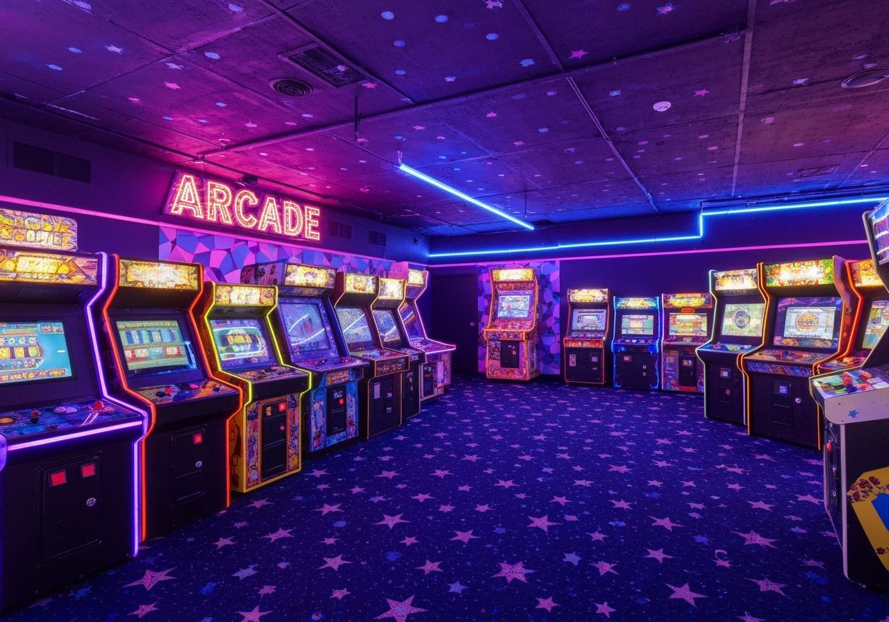 Vibrant Retro-Futuristic Arcade Interior