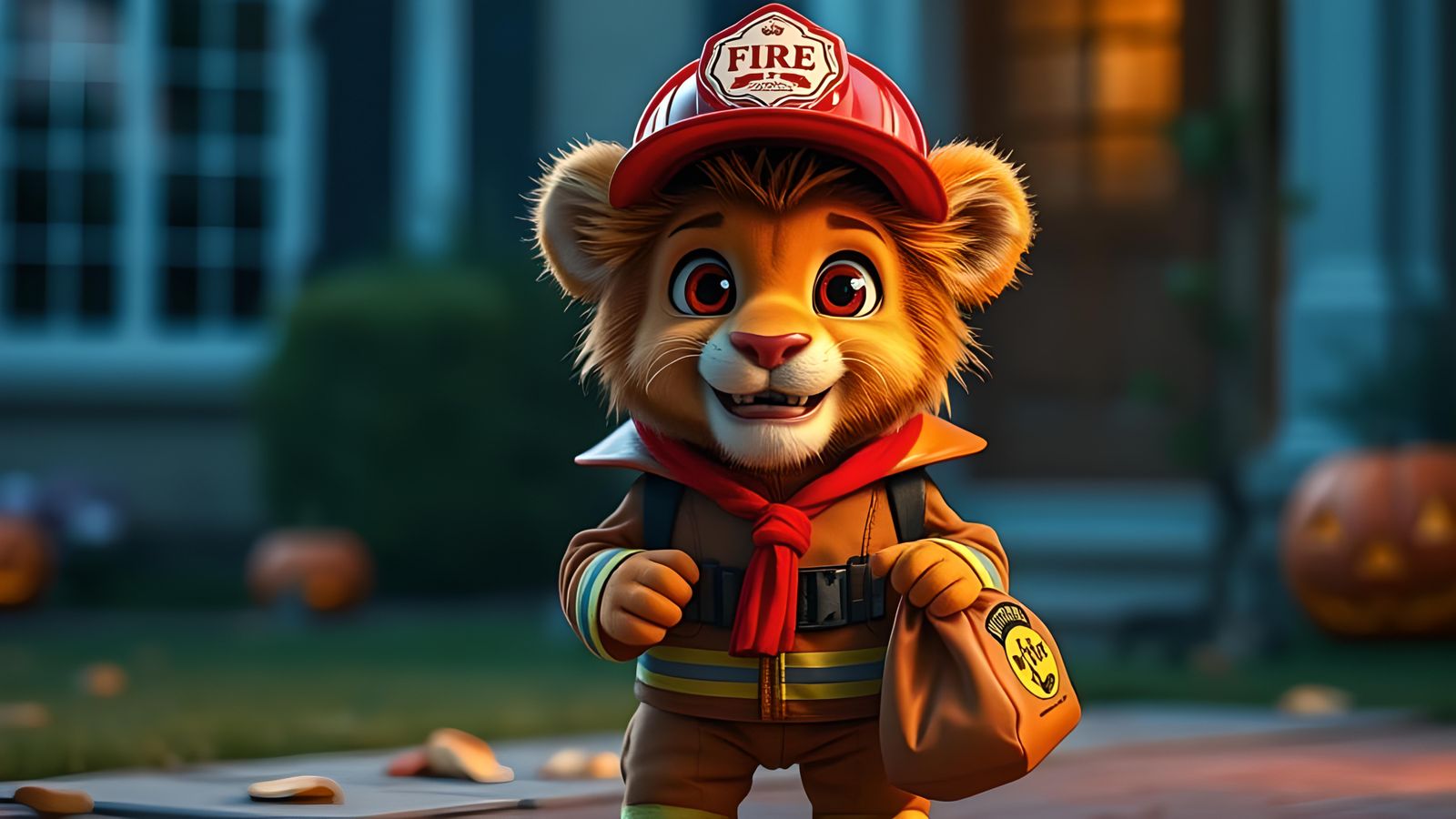 Lion Cub in Firefighter Costume for Halloween
