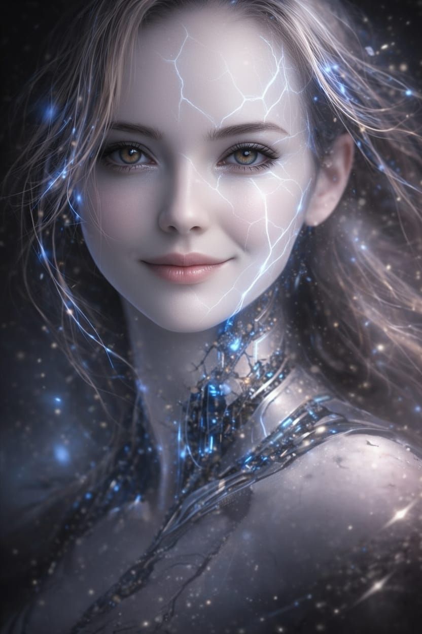 Woman Portrait with Luminous Fractures and Circuitry Hair