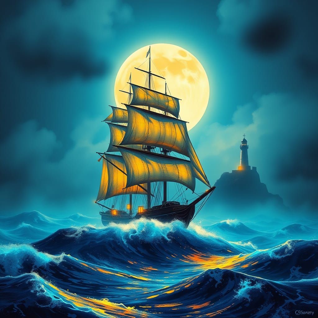 Majestic Sailing Ship Under Full Moon