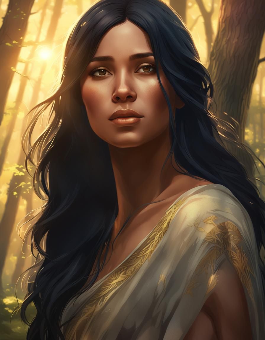 Pregnant Woman in Forest Clearing, Golden Hour Lighting