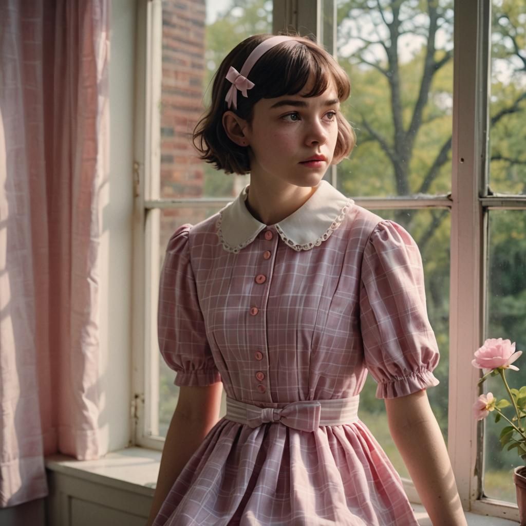 Boy in Pink Dress Looking out Window, Film Still