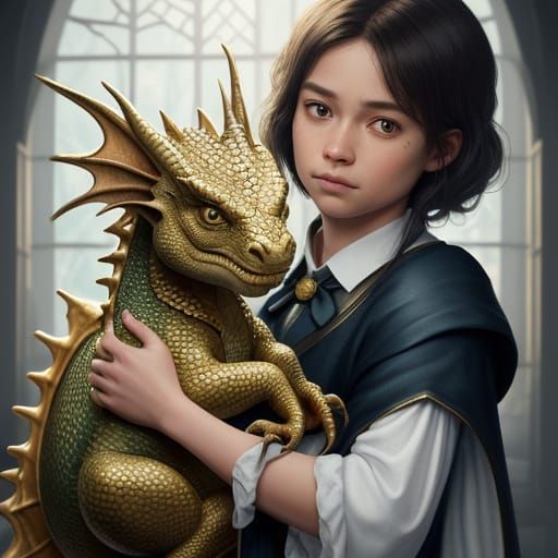 Whimsical Hogwarts Boy Tenderly Holds a Baby Dragon