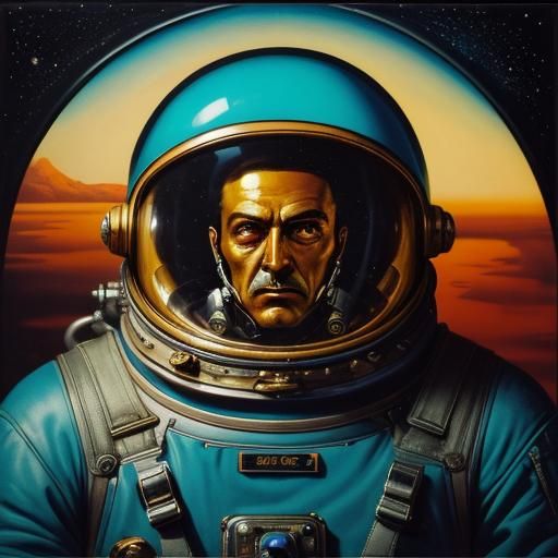 Nostalgic Astronaut in Dreamlike Surrealist Oil Painting