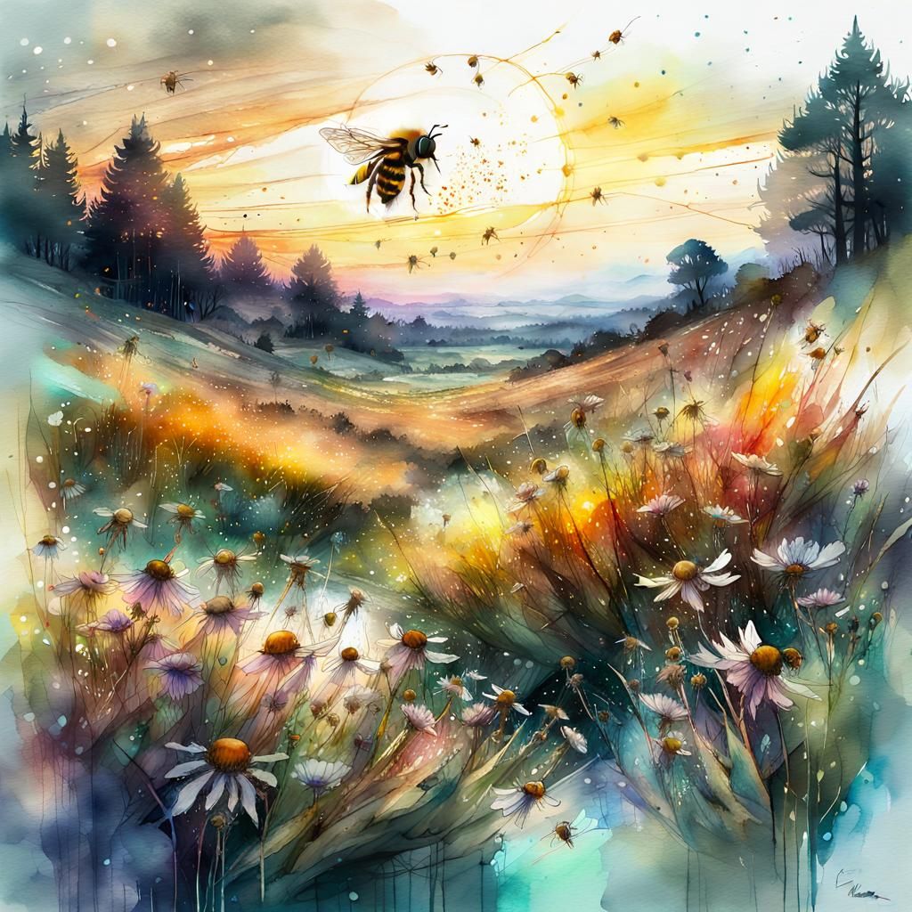 Bees in a Luminous Meadow, Watercolor Art