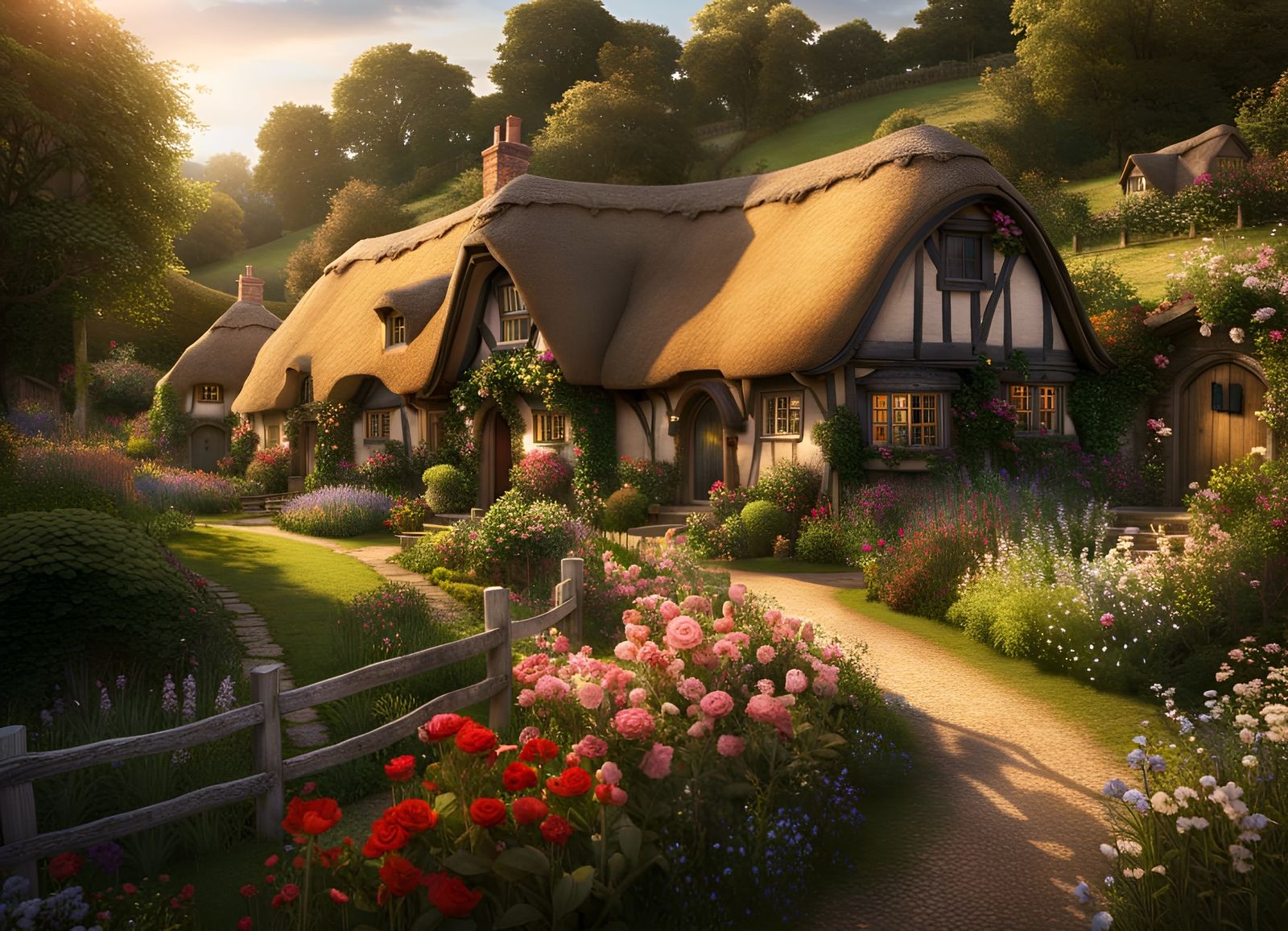 Enchanting English Village with Thatched Roofs and Flowers