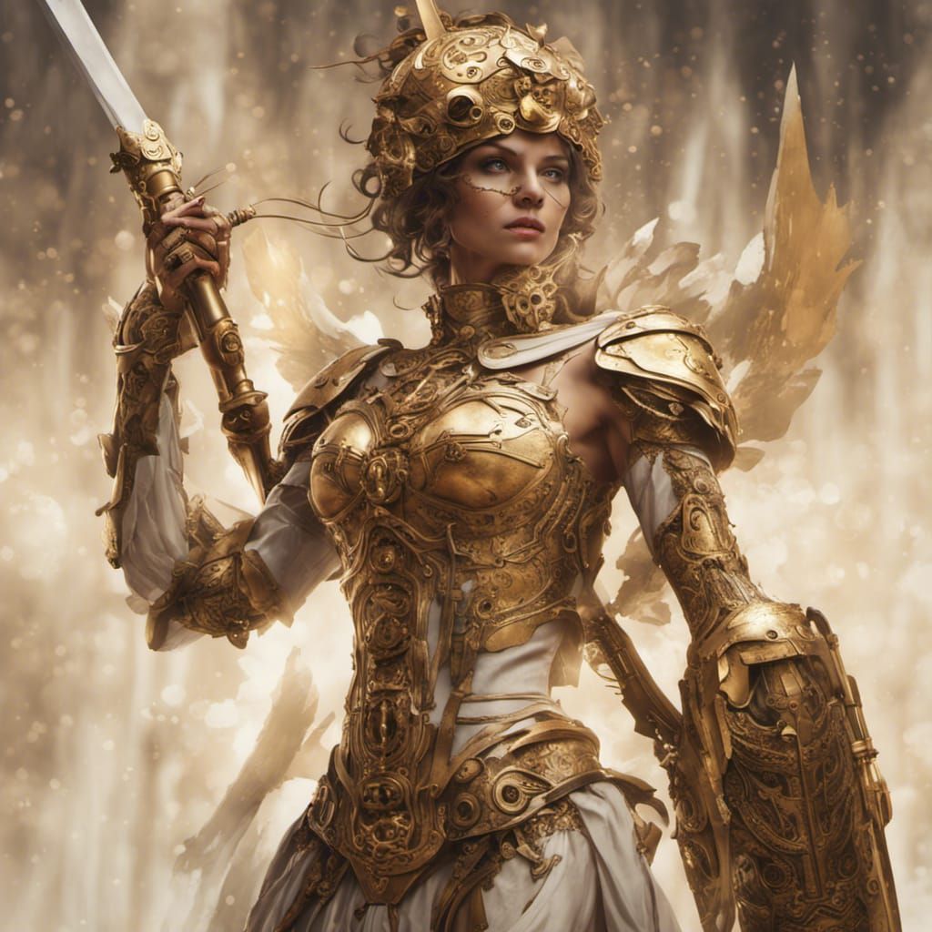Clockwork Automaton Woman in Bronze Armor, Fantasy Art