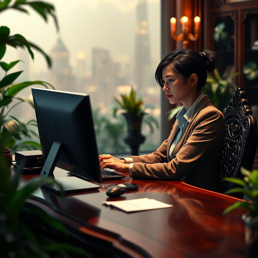 Business Woman Attends Chat with Warm Confidence