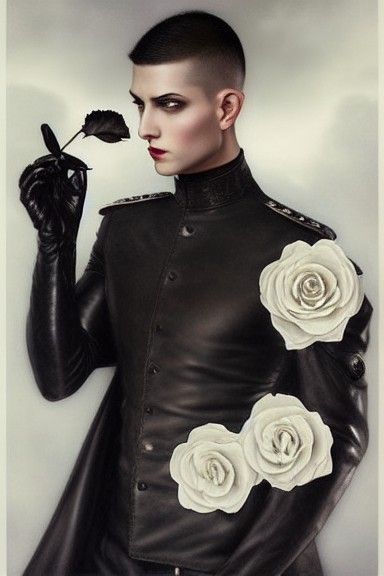 Pale Man in Leather Uniform Holding Rose