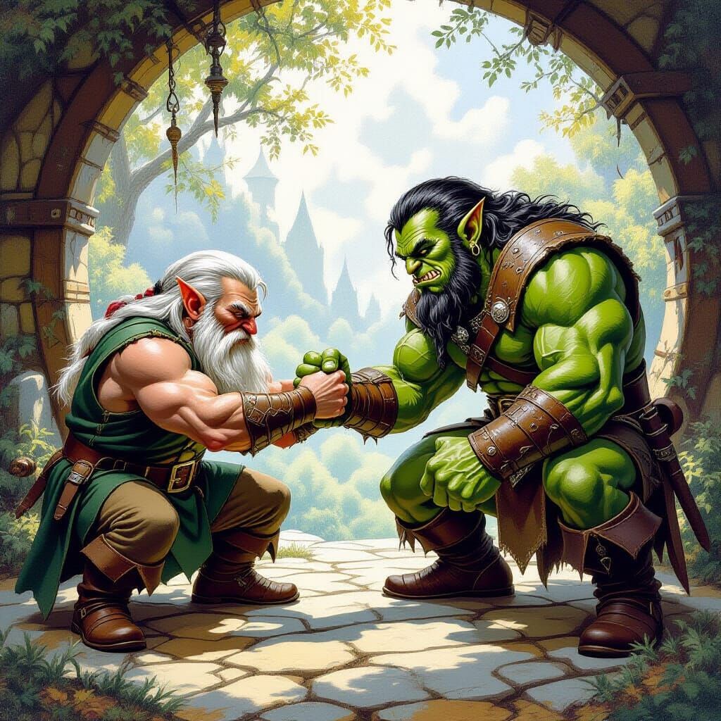 Hobbit Arm Wrestling Orc in Fantasy Art Style