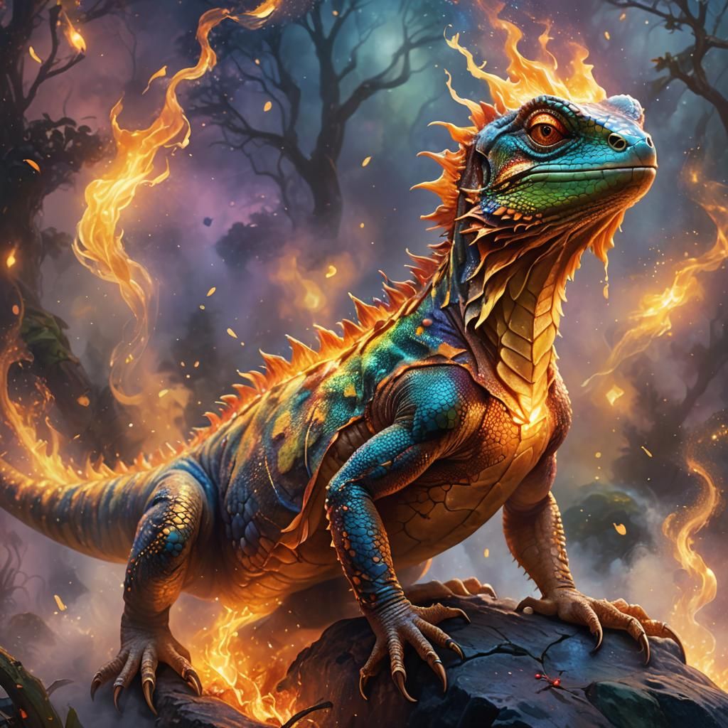 Flaming Lizard Emerges in Ethereal Fantasy Art