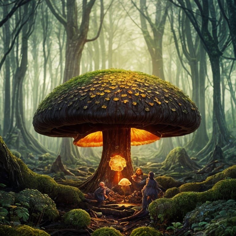 Mushroom City in Forest: Fantasy Matte Painting