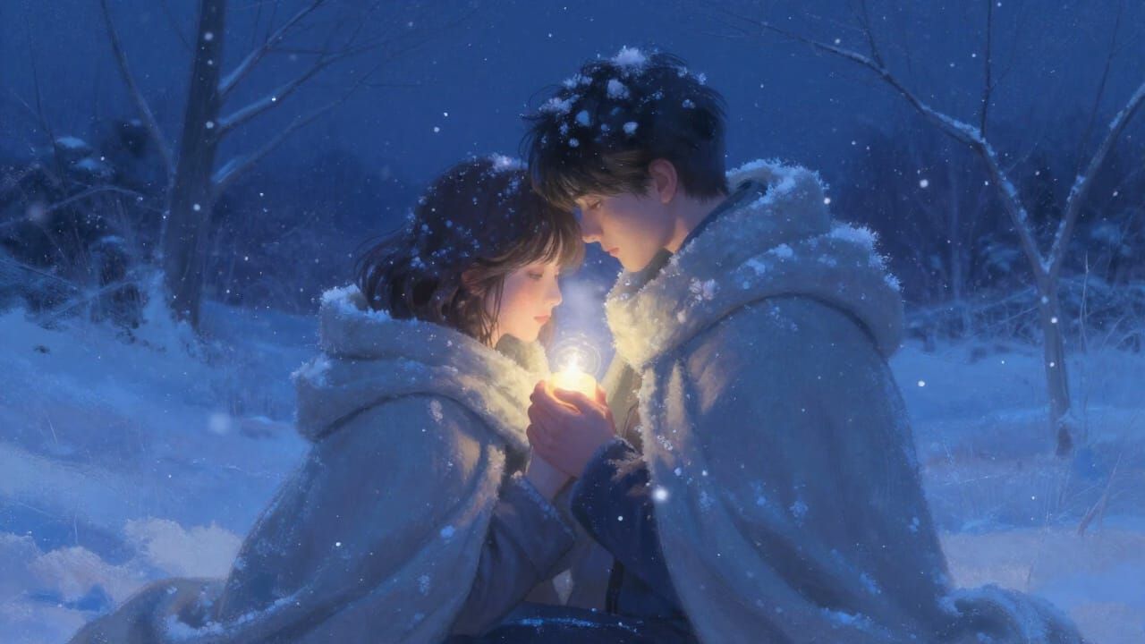 Lovers Share Warmth on Snowy Night in Ethereal Blue Tones