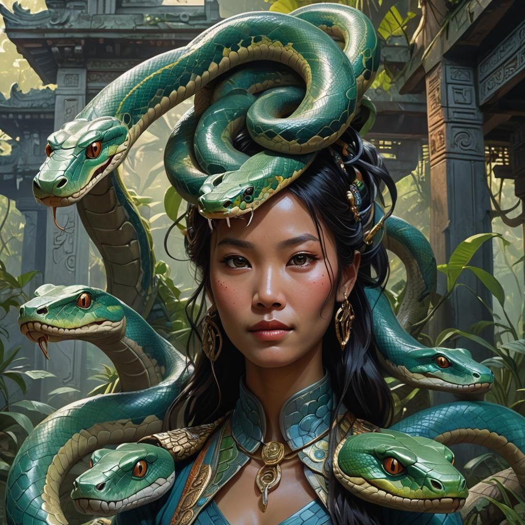Asian Snake Woman Portrait in Hyperrealistic Style