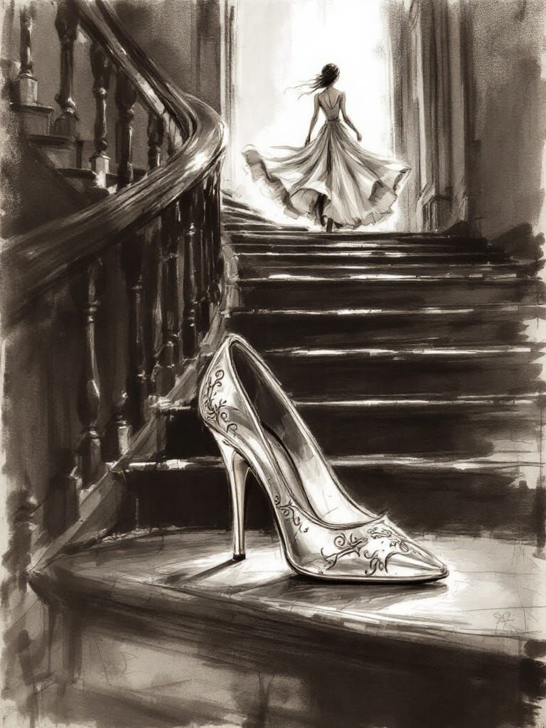 Expressive Charcoal Sketch of Glass Slipper on Grand Stairca...