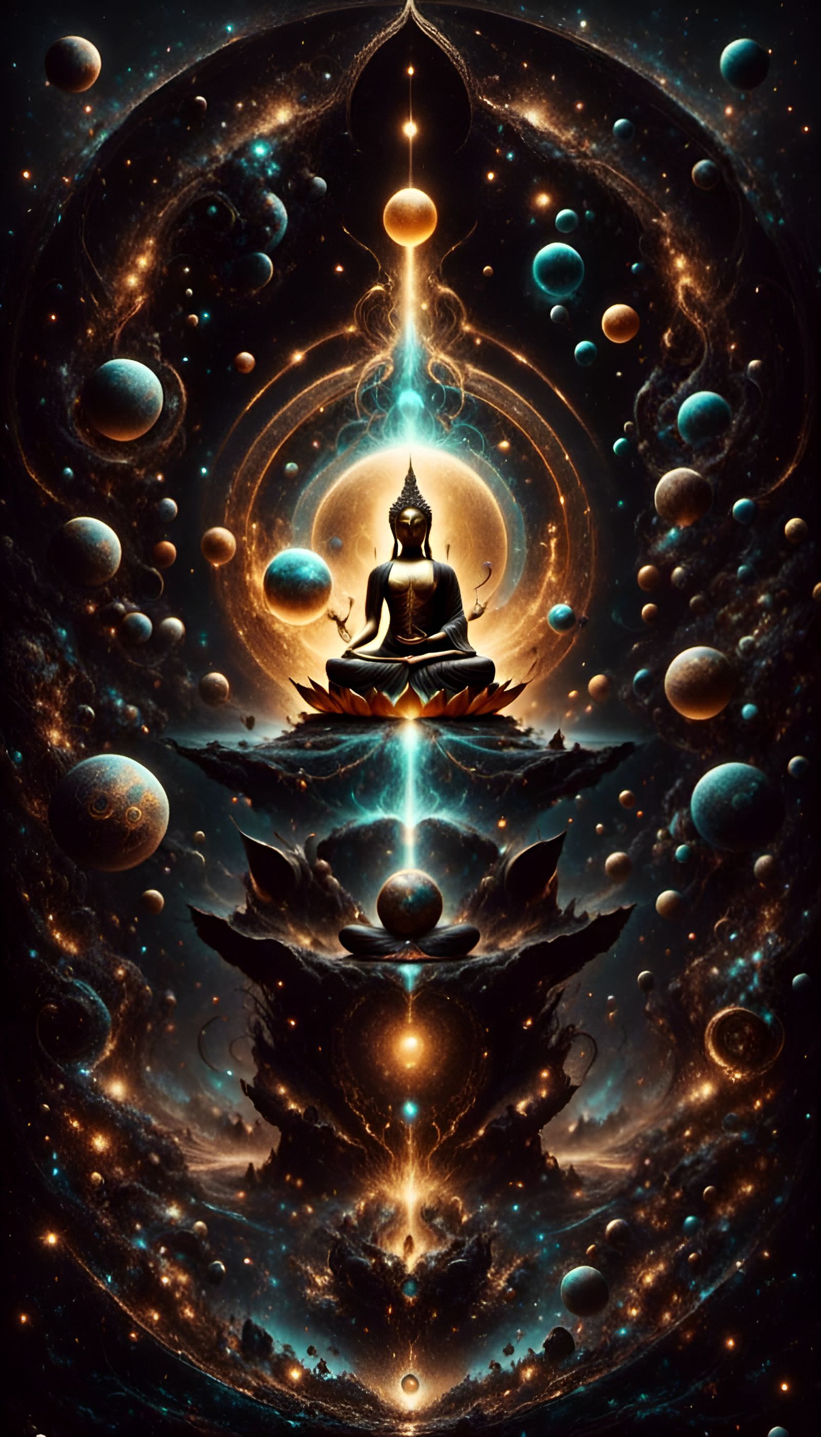 Alive Buddha in Space with Bioluminescent Elephant