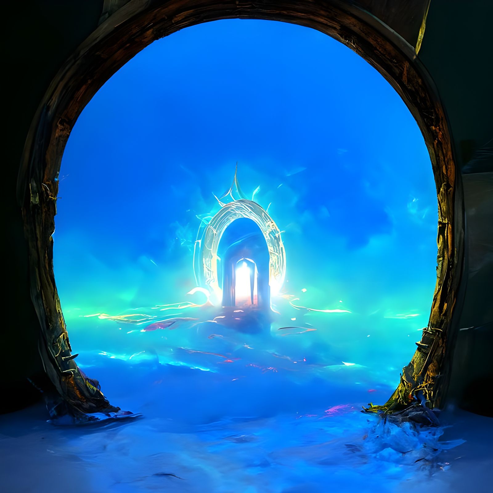 Fantasy Portal Painting with Neon Geometric Landscape