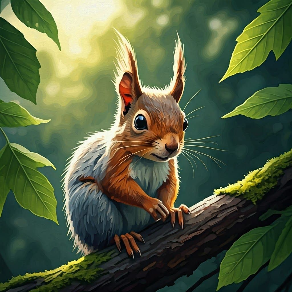 Whimsical Squirrel in Impressionistic Forest Setting