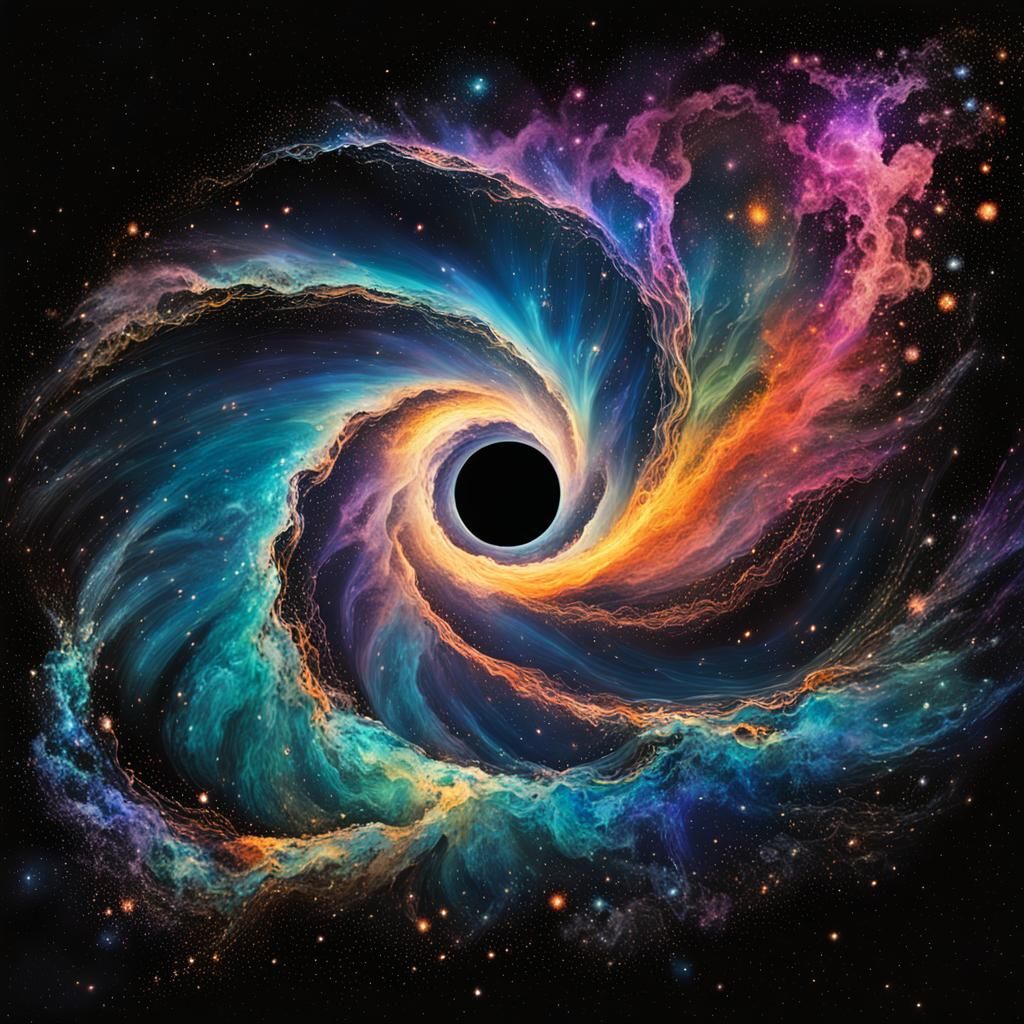 Black Hole Swallowing Iridescent Ink: Cosmic Art
