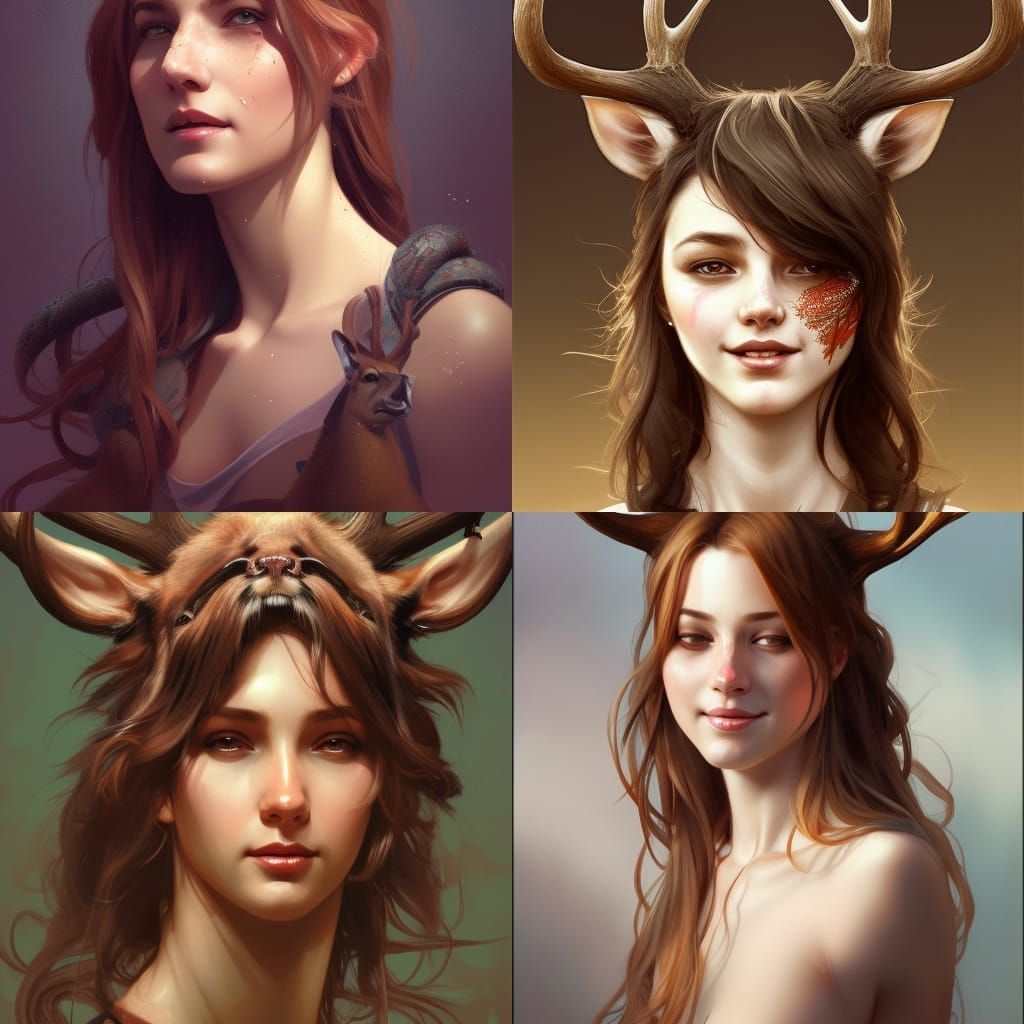 Attractive Deer Woman Portrait in Art Nouveau Style