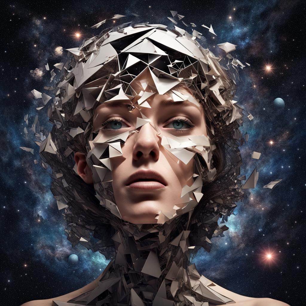 Fragmented Woman Head in Alien Starry Space