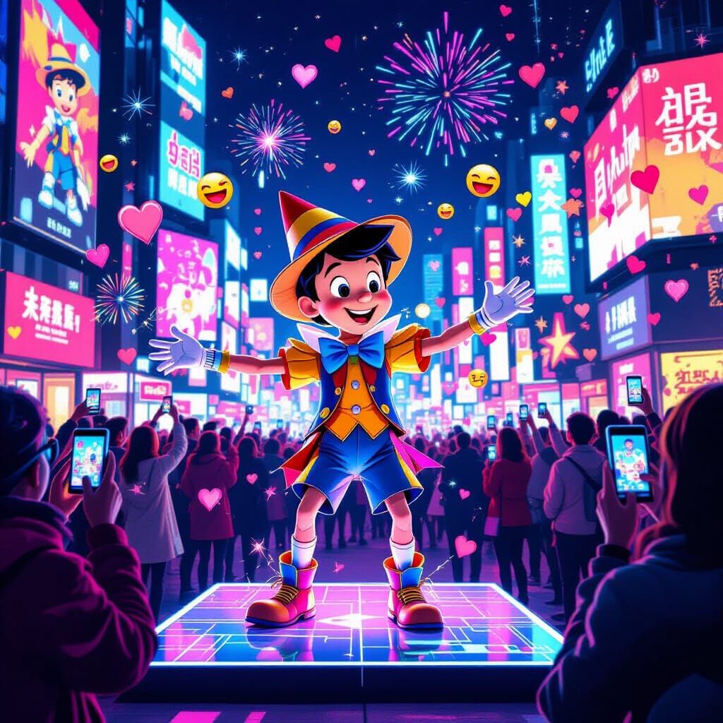 Pinocchio Dances in Neon City with Glitch Effects