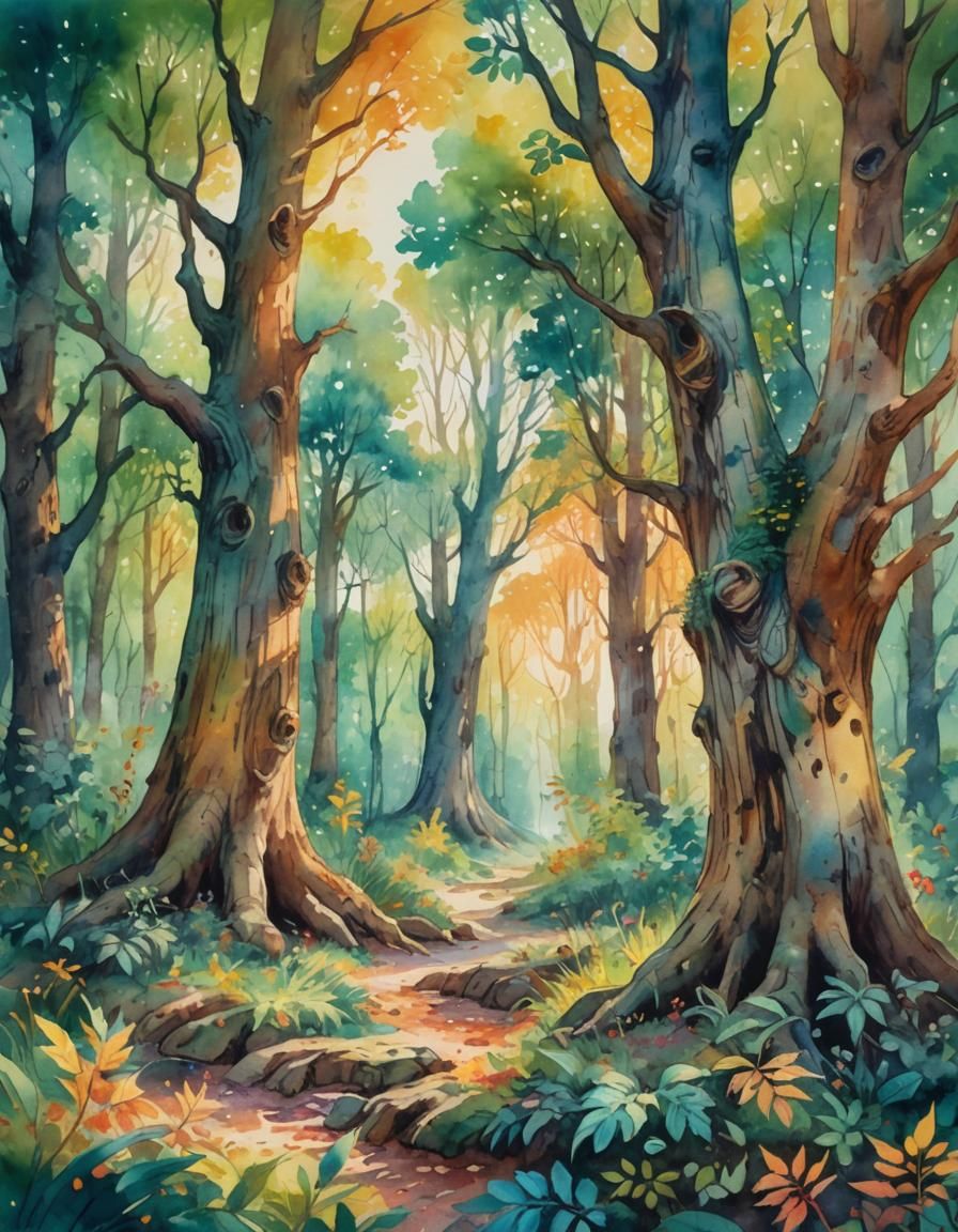 Magical Forest Scene in Watercolor Style