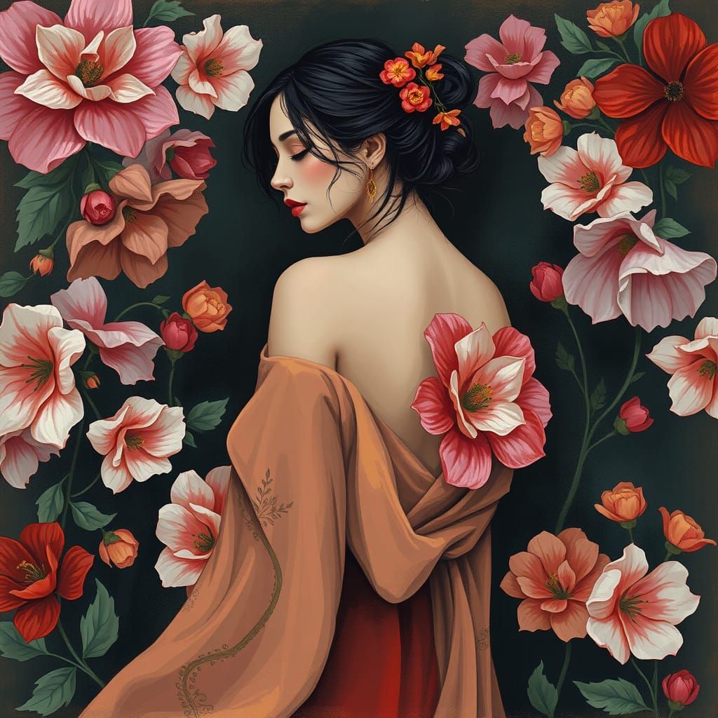 Woman in Flowing Dress, Gouache Style Painting