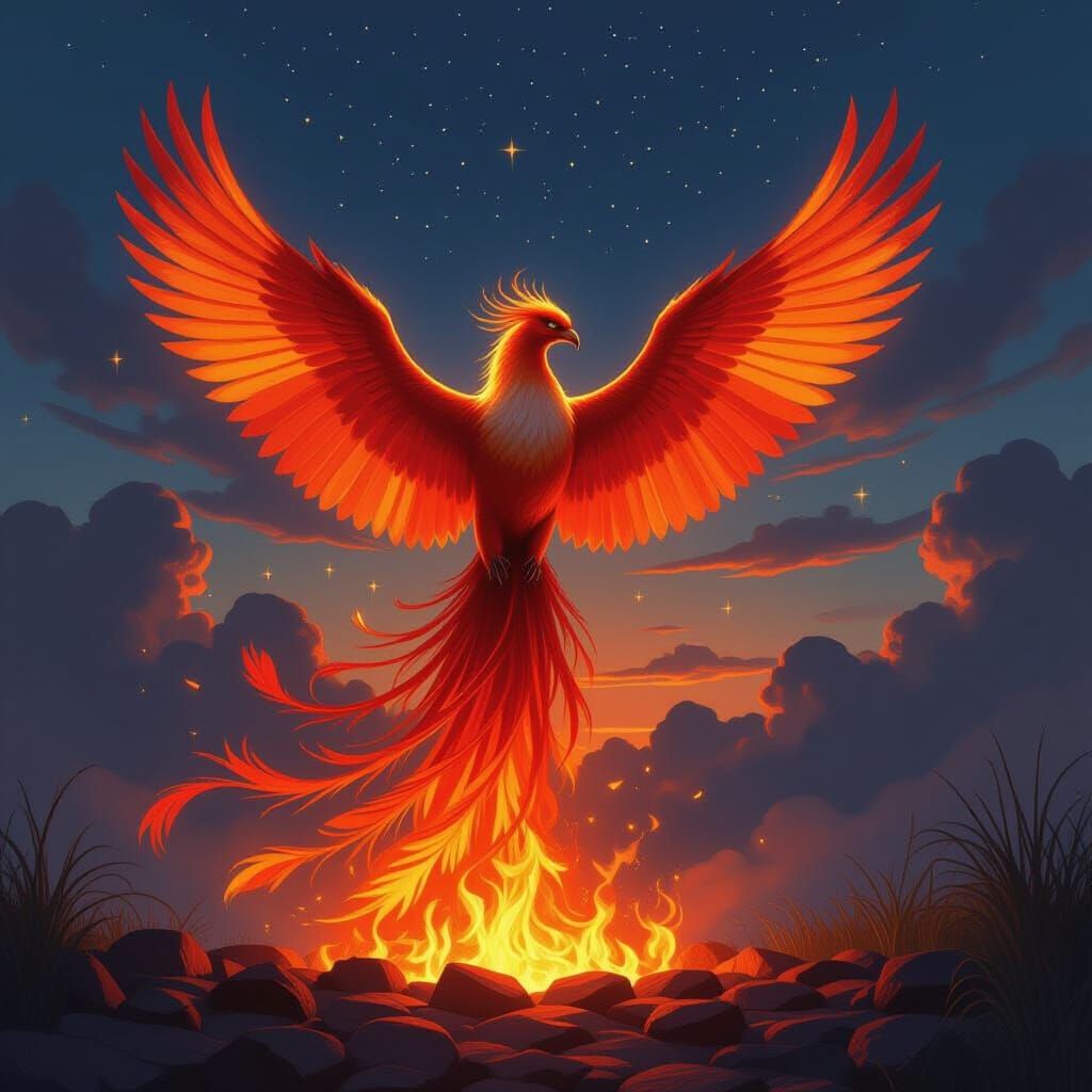 Majestic Phoenix Rises from Embers in Fiery Hues