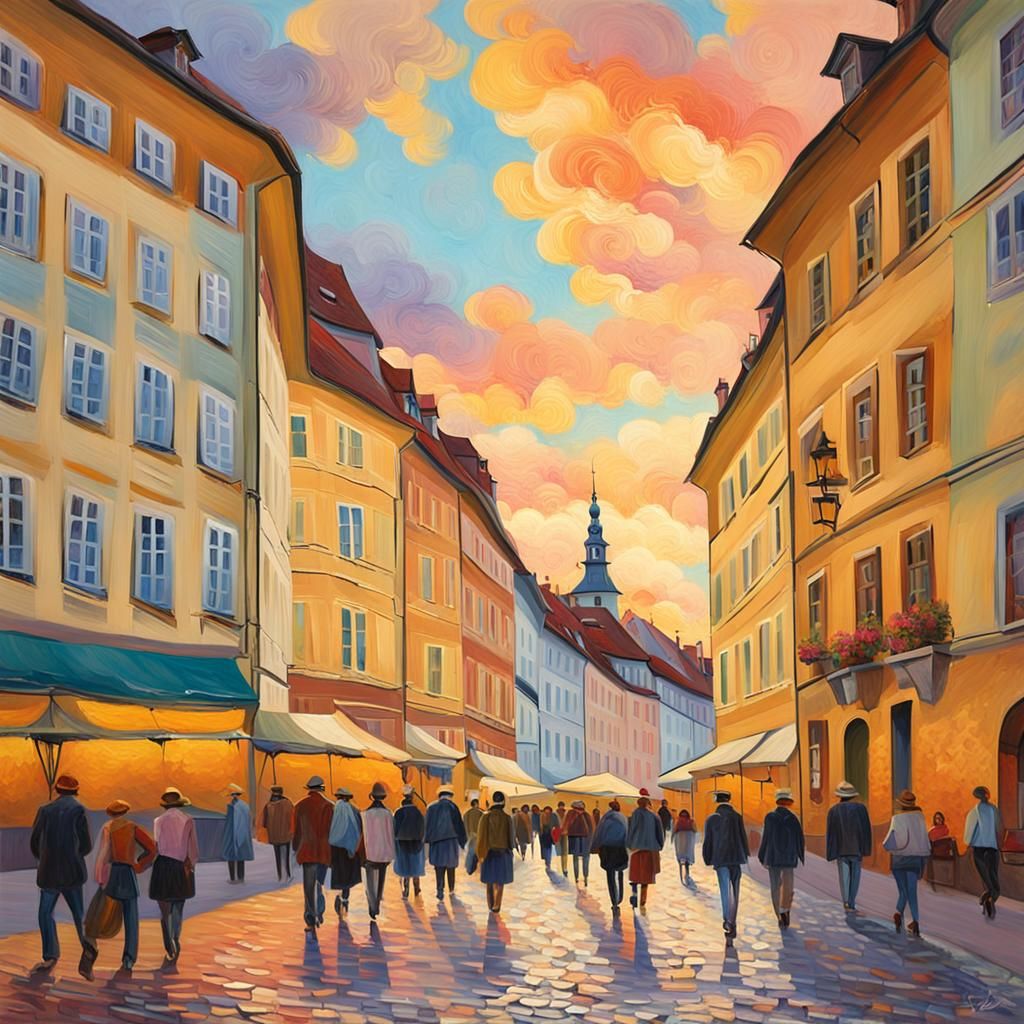 Graz, Austria Street Scene in Neo-Impressionism Style