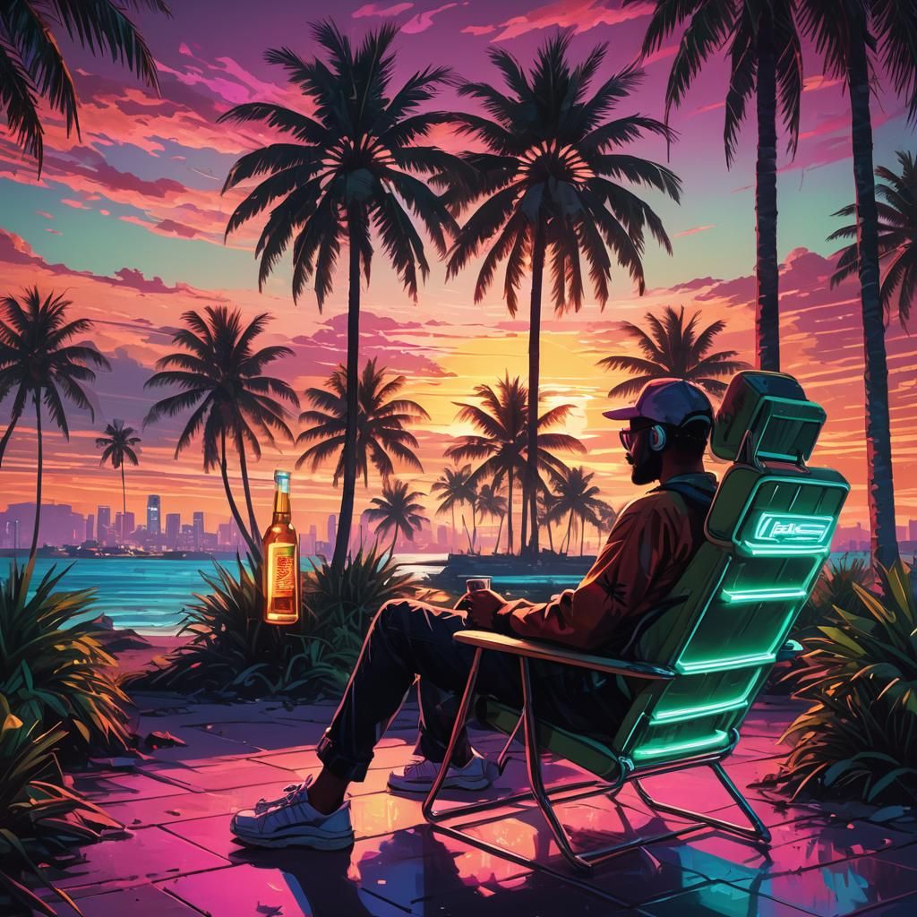 Tropical Cyberpunk Sunset on Neon Island