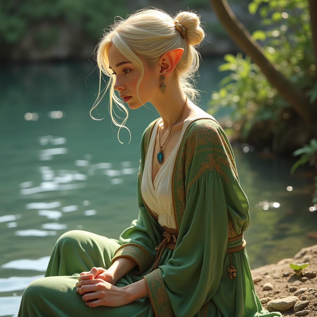 Halfling by Fantasy River in Romantic Style