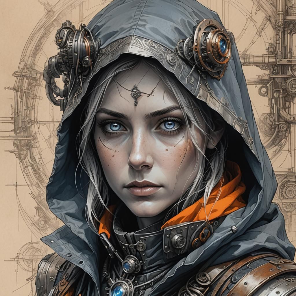 Hooded Woman with Blue Eyes: Detailed Pencil Sketch