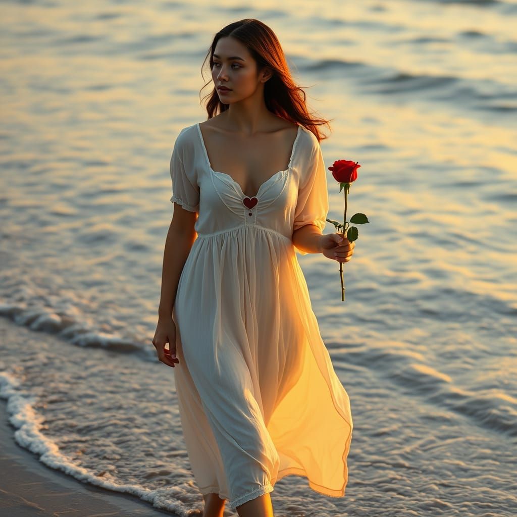 Serene Woman Strolls Along Sunset Shoreline
