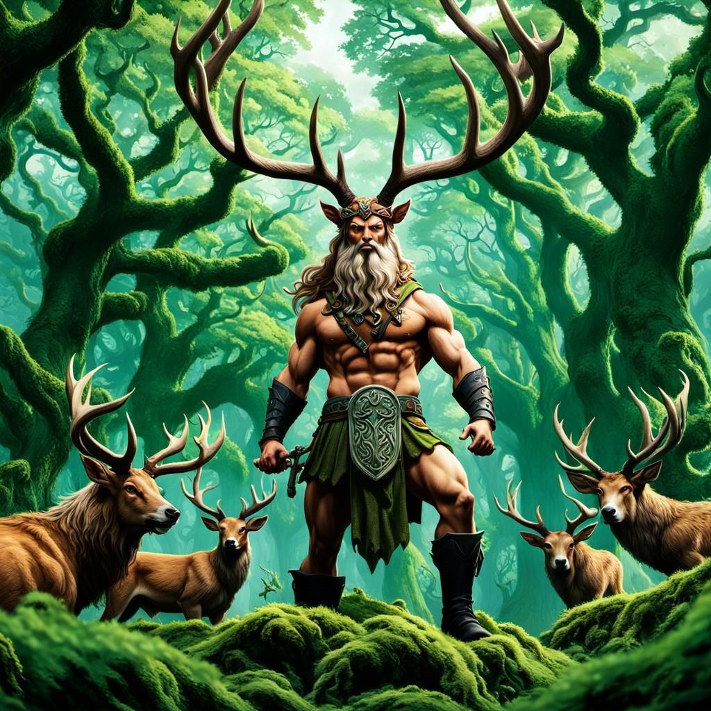 Cernunnos in Mossy Forest, Fantasy Illustration