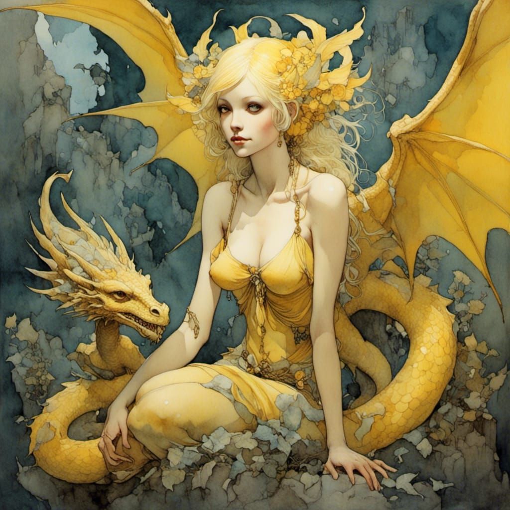 Fairy and Dragon in Romantic Watercolor