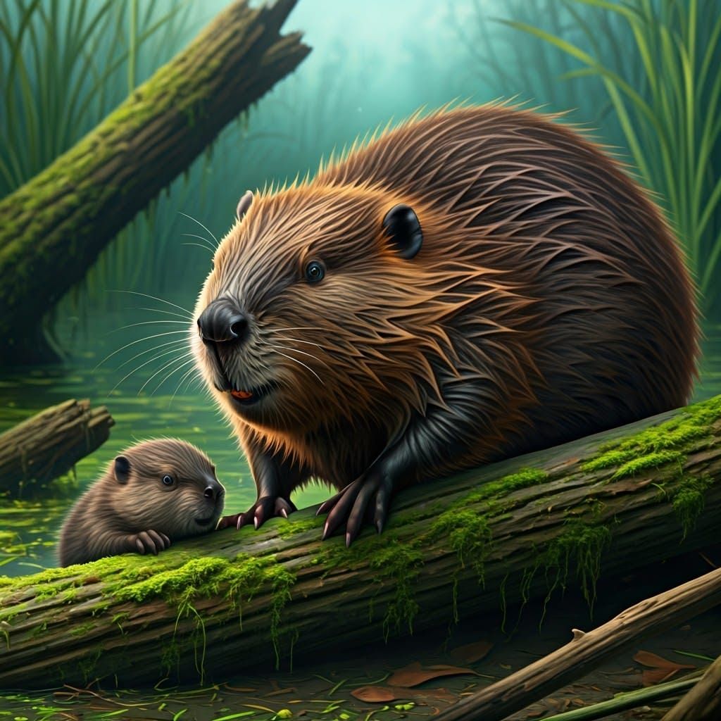 Beaver Family in Algae-Covered Swamp Habitat
