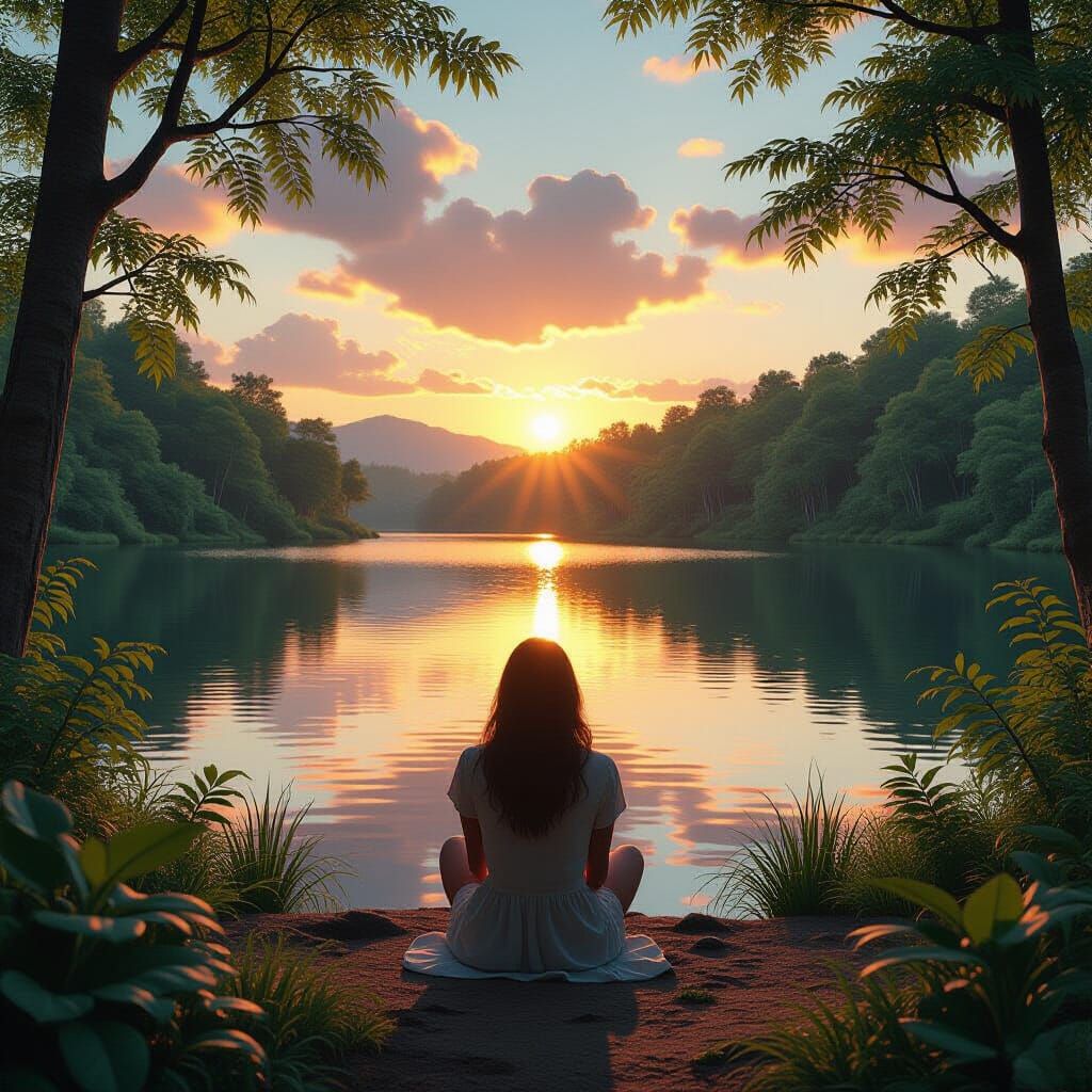 Serene Woman by Lake at Sunset, Matte Painting Style