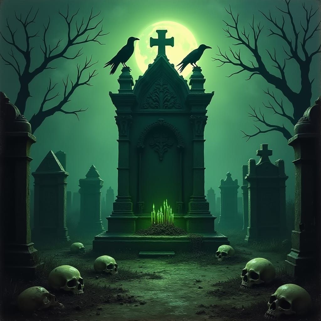 Eerie Graveyard Scene with Ravens and Tombstone