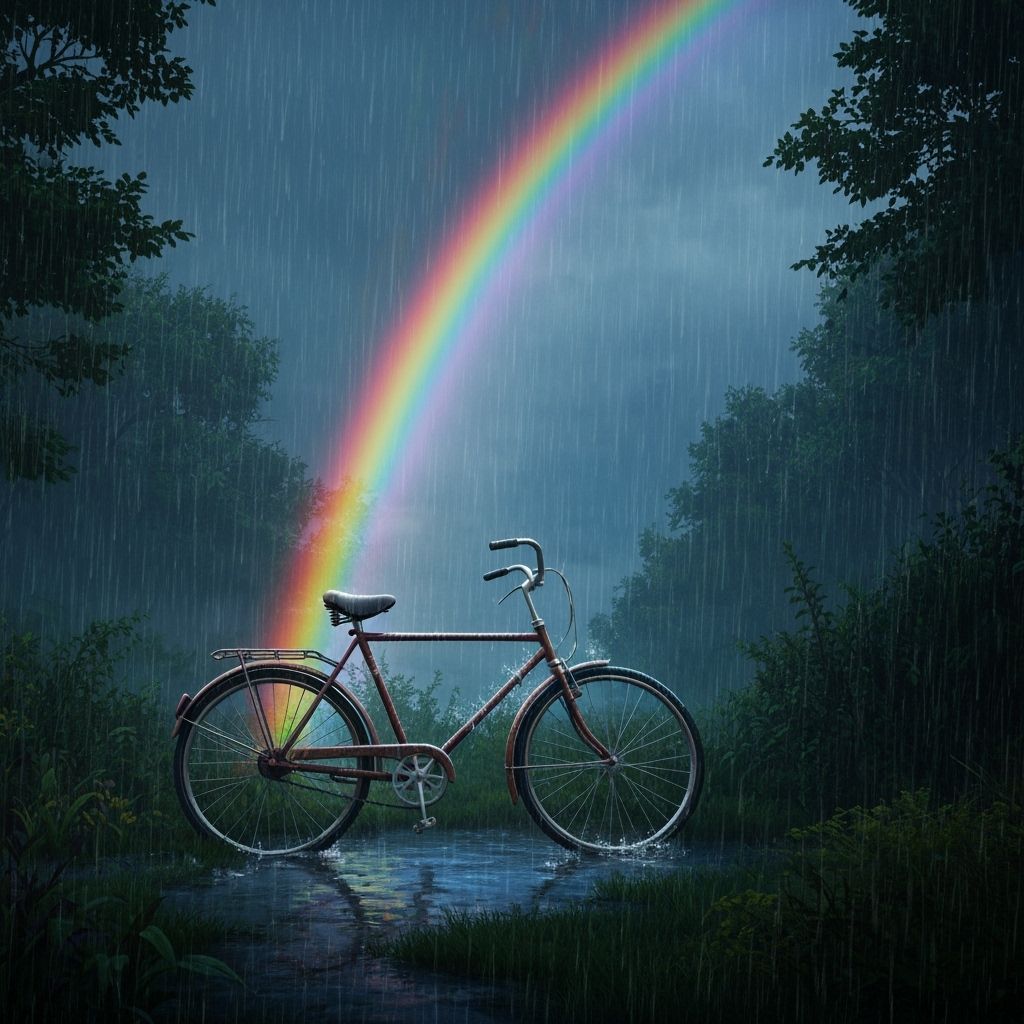 Vintage Bicycle in Summer Rain with Rainbow