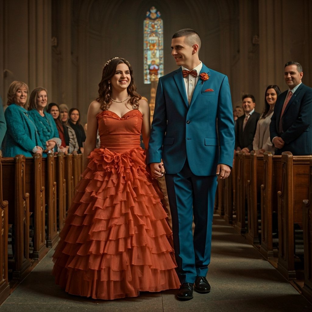 Young Man in Quinceañera Dress with Woman in Church