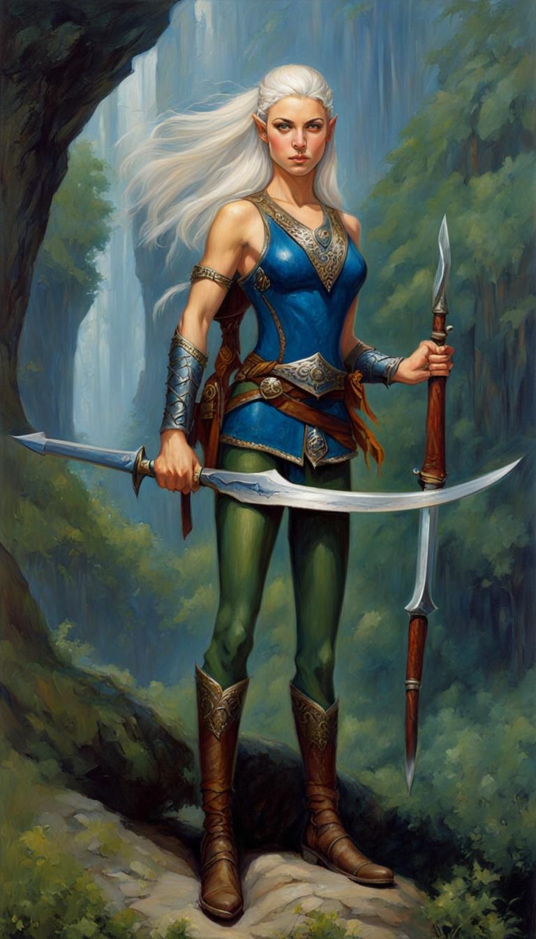 Elven Ranger with Dark Blue Hair as Oil Painting