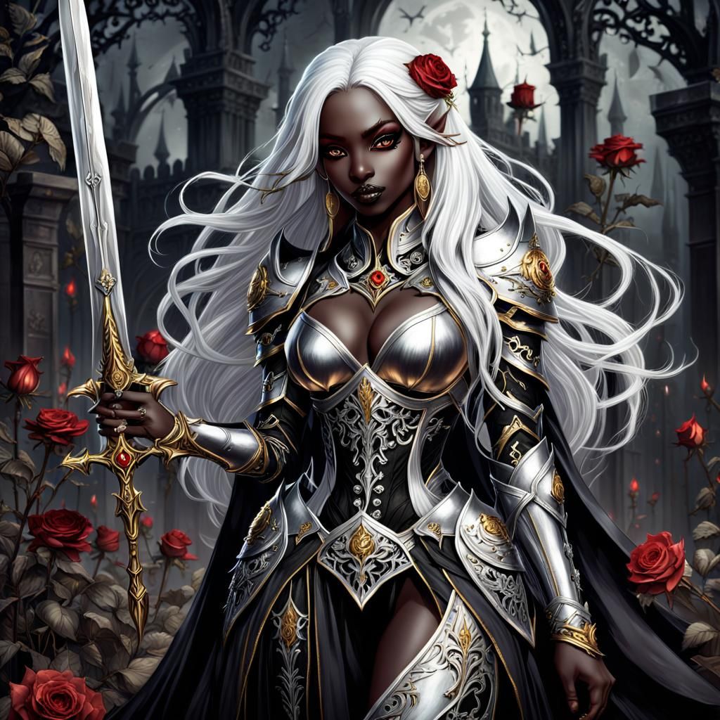 Drow Princess in Gothic Armor Under Starry Night