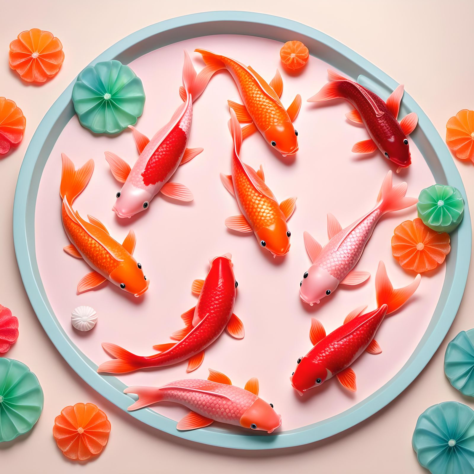 Gummy Candy Koi Pond in Disney CGI Style