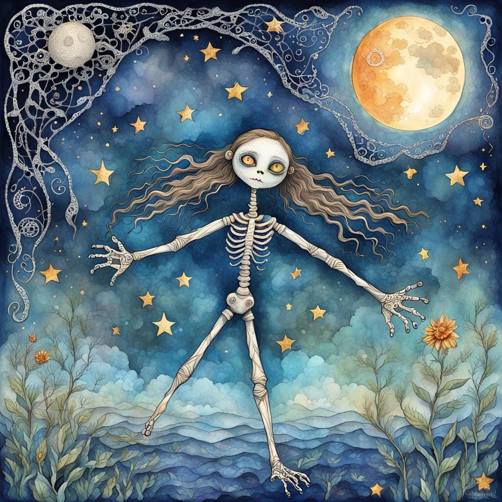 Lacy Filigree Eye with Moon in Watercolor Vector Art