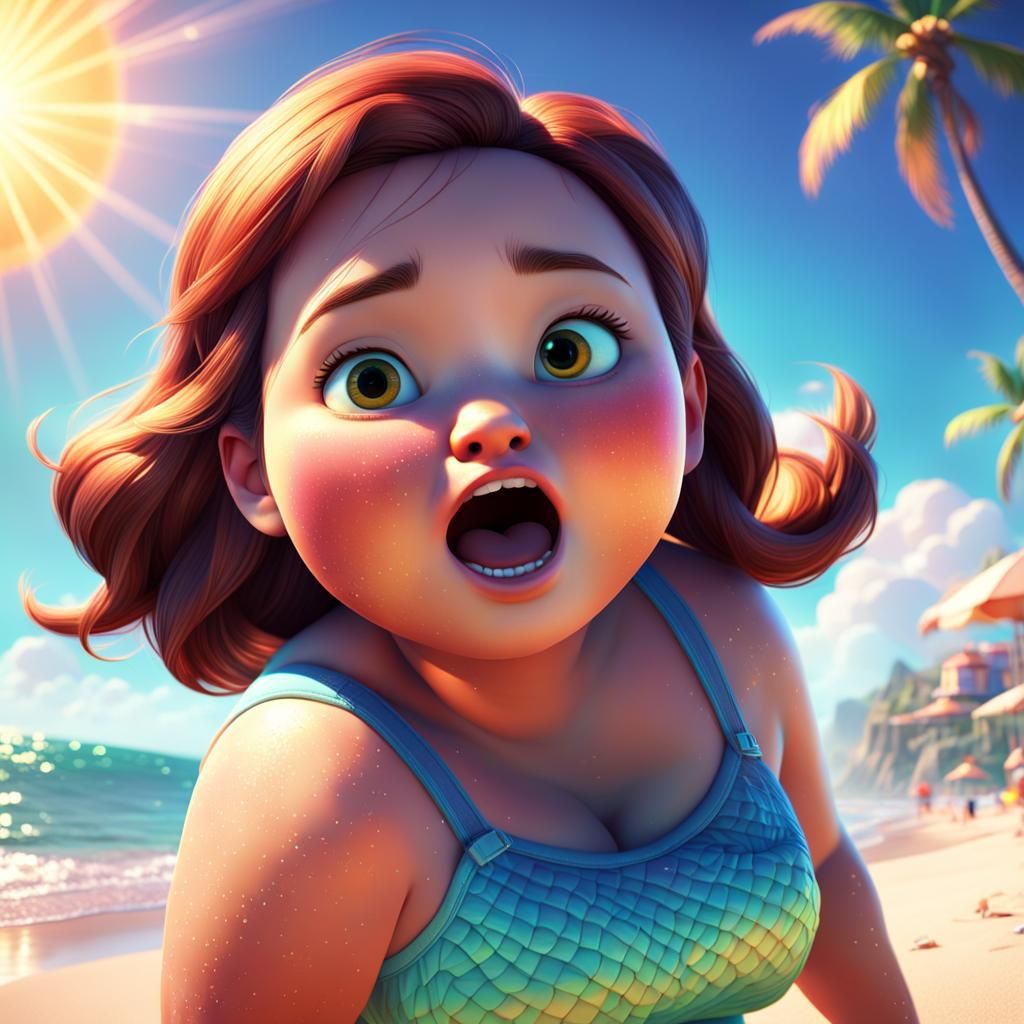 Girl Burping on Sunny Beach in Pixar Style