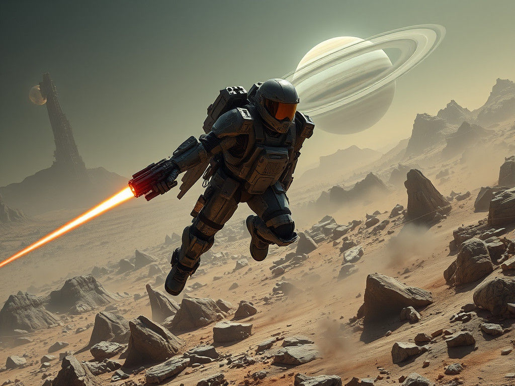 Armored Space Soldier Soaring Above Desert Planet